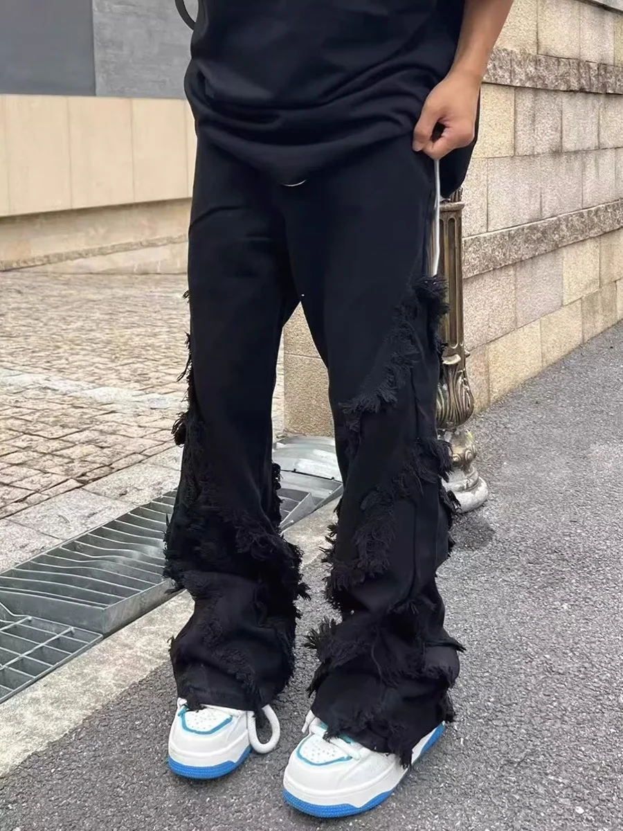 

American High Street Vibe Men's Straight Leg Jeans Frayed Hem Micro Flared Retro Long Trousers Structural Design Hip Hop