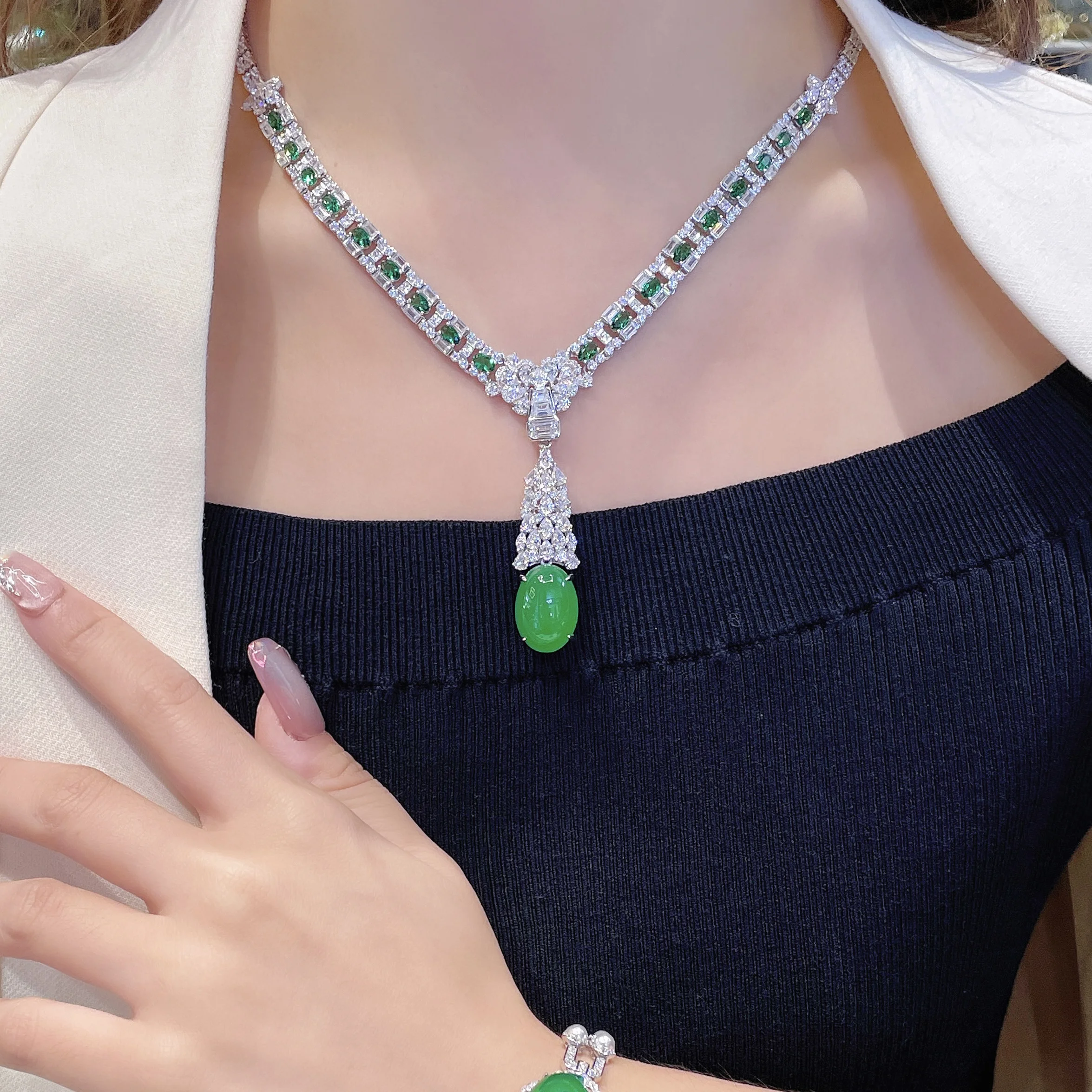 CUMEE Retro New Style High End Style Banquet Chalcedony Bracelet Necklace Set Women 925 Silver Gold Plating