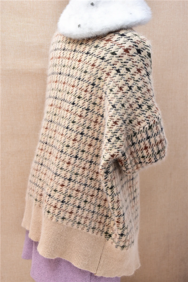 Frauen Mujer Herbst Winter Dicke Warme Plaid Haarigen Angora Kaninchen Haar Gestrickte V-ausschnitt Mit Langen Ärmeln Lose Strickjacken Pullover Jacke