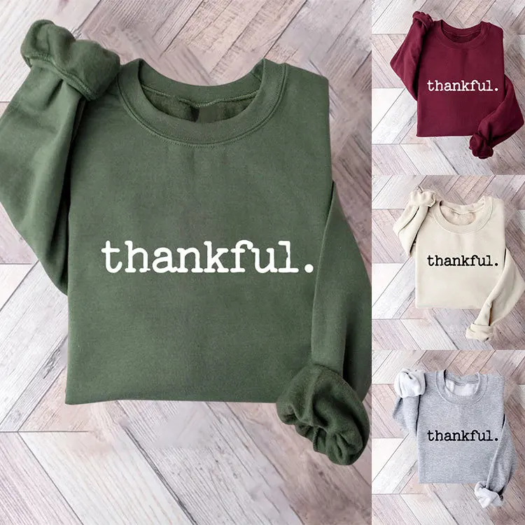 Autumn and winter thankful print ladies casual plus fleece warm hoodie long sleeve round neck loose shirt with all fashion pullo