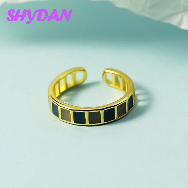 SHYDAN 925 Sterling Silver 18K Gold Drip Oil Grid Ring Open Adjustable Rings For Women Girls Fashion Jewelry