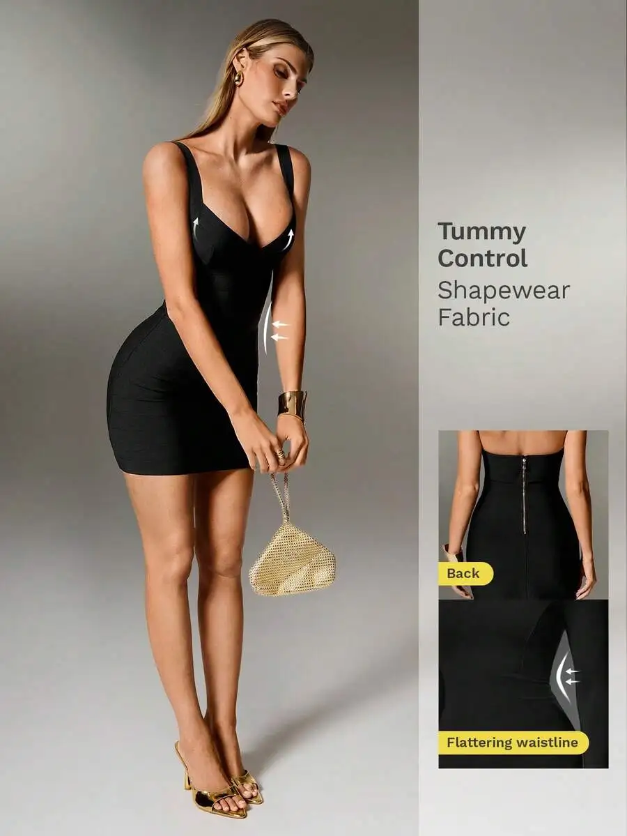 

Black Bodycon Spaghetti Strap Mini Dress with Tummy Control for Party Night Out