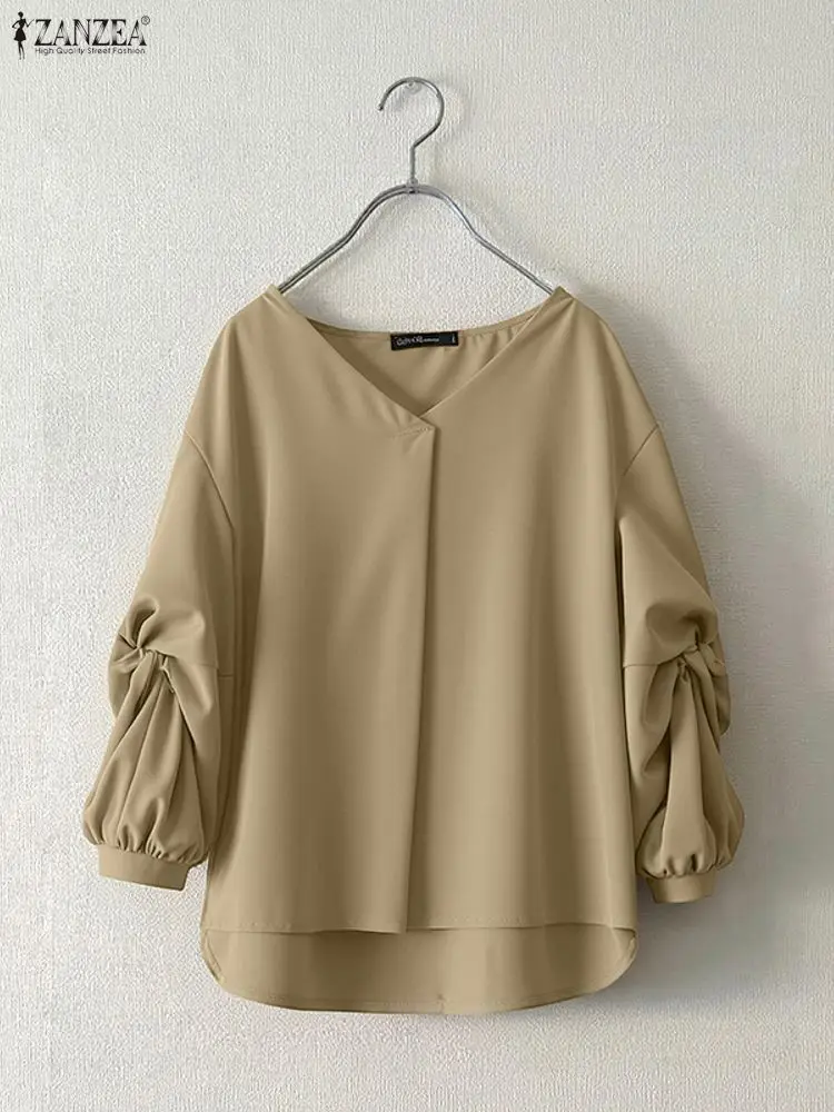 ZANZEA 2025 ファッション エレガント シャツ レディース 長袖 ブラウス 無地 秋 カジュアル ゆったり Vネック プリーツ オフィス レディースブラウス