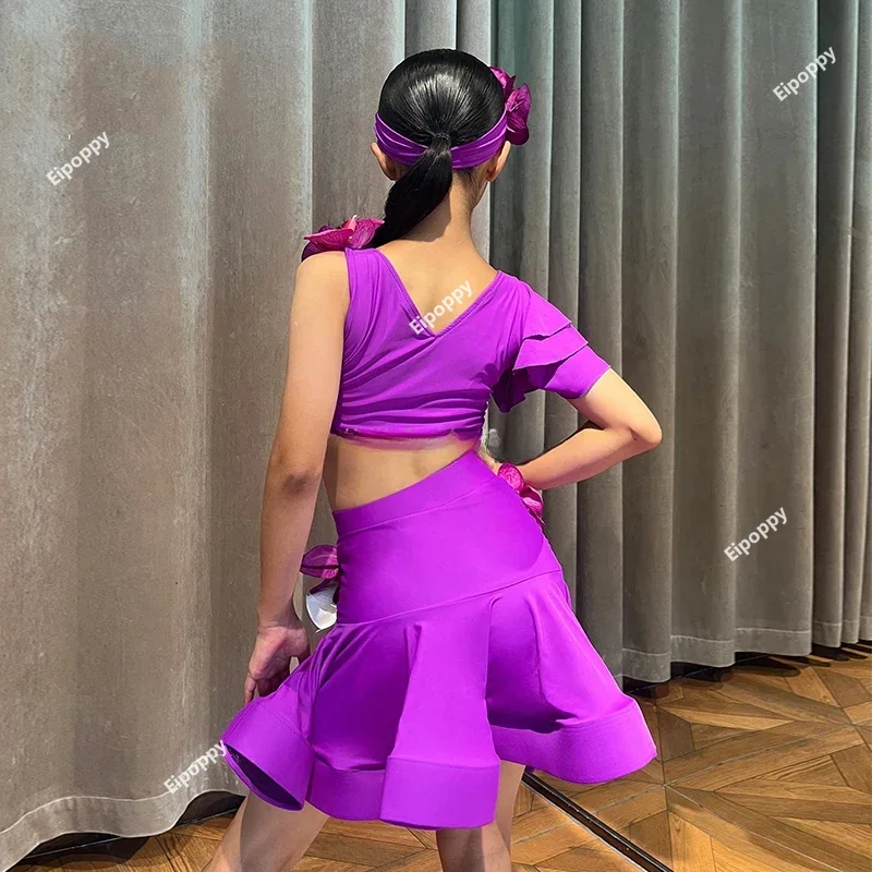 Traje de baile latino púrpura para niñas, vestidos de baile latino de Rumba, Tango, Salsa y Samba, vestido de salón de competición para niños