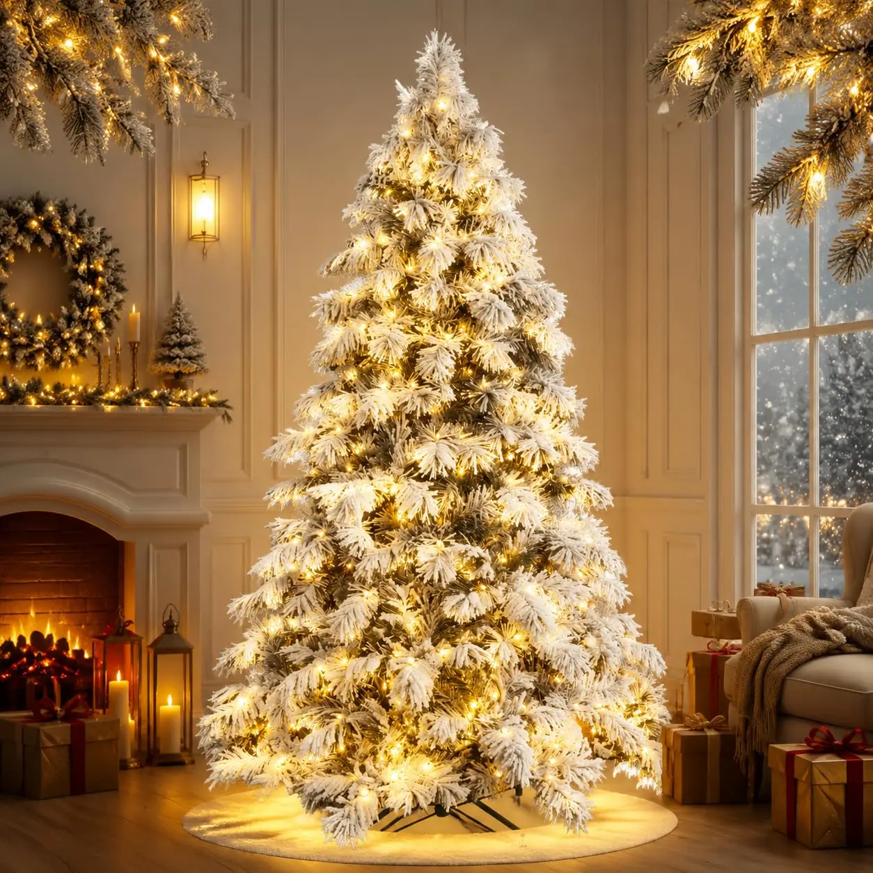 7FT Prelit Flocked Artificial Christmas Tree