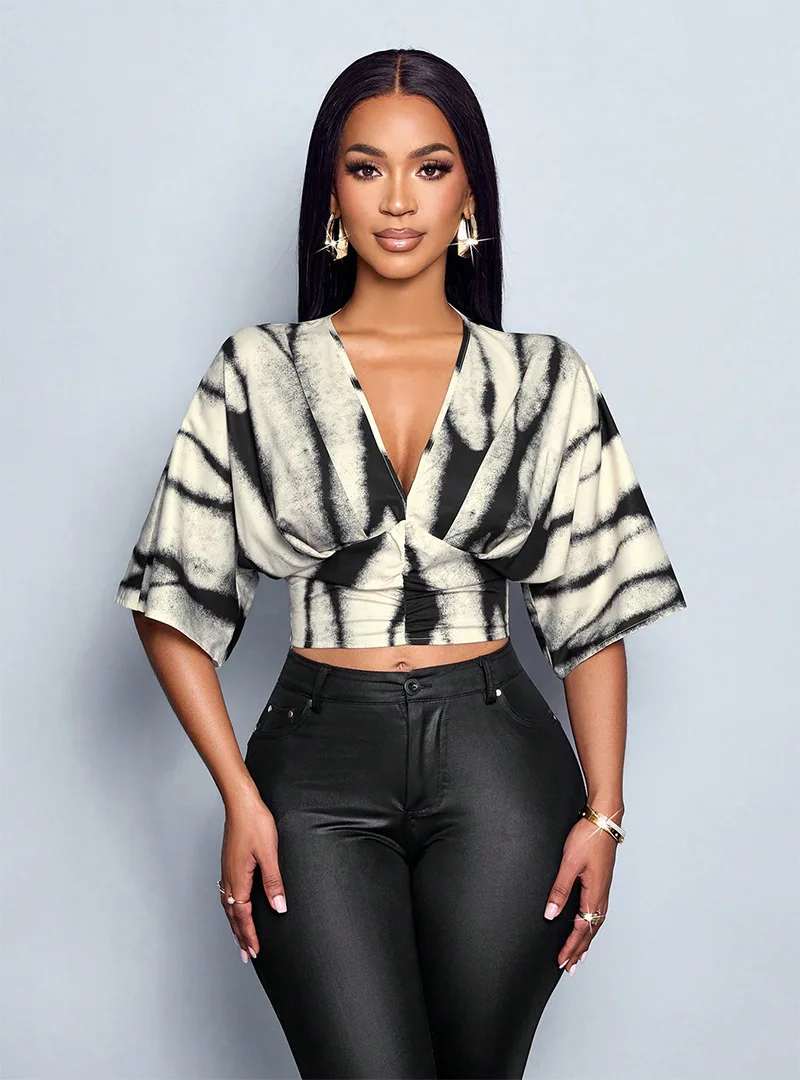 2026 Women's Sexy Zebra Stripe Satin Wrap Crop Top Deep V Twist Front Batwing Sleeve Ruched Waist Blouse for Party Night out