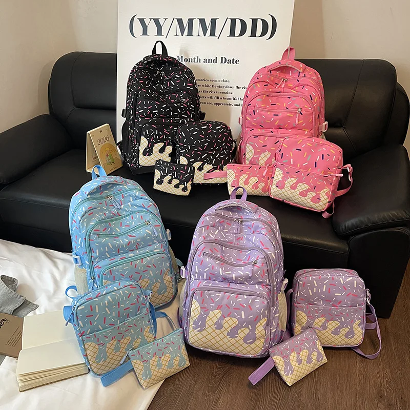New Women's Backpack Fashionable and High-quality Three Piece Set Student Backpack Cartoon Versatile Large Capacity Backpack