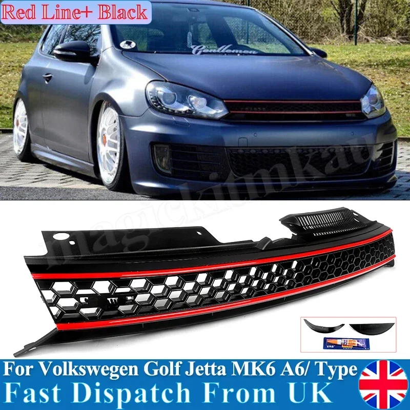 Badgeless Hex Mesh Grille Black W/ Red Trim Fit VW MK6 Golf GTI Jetta Sportwagen