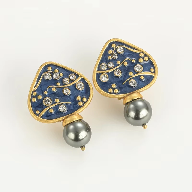 Vintage-Ohrringe mit blauem Dreieck-Emaille und grauen Perlen, trendiger Luxus-Geometrie-Art-Deco-Schmuck für Freundin, Kleidung, Kleideraccessoires, Jubiläum, Markendesign, hochwertiges Geschenk