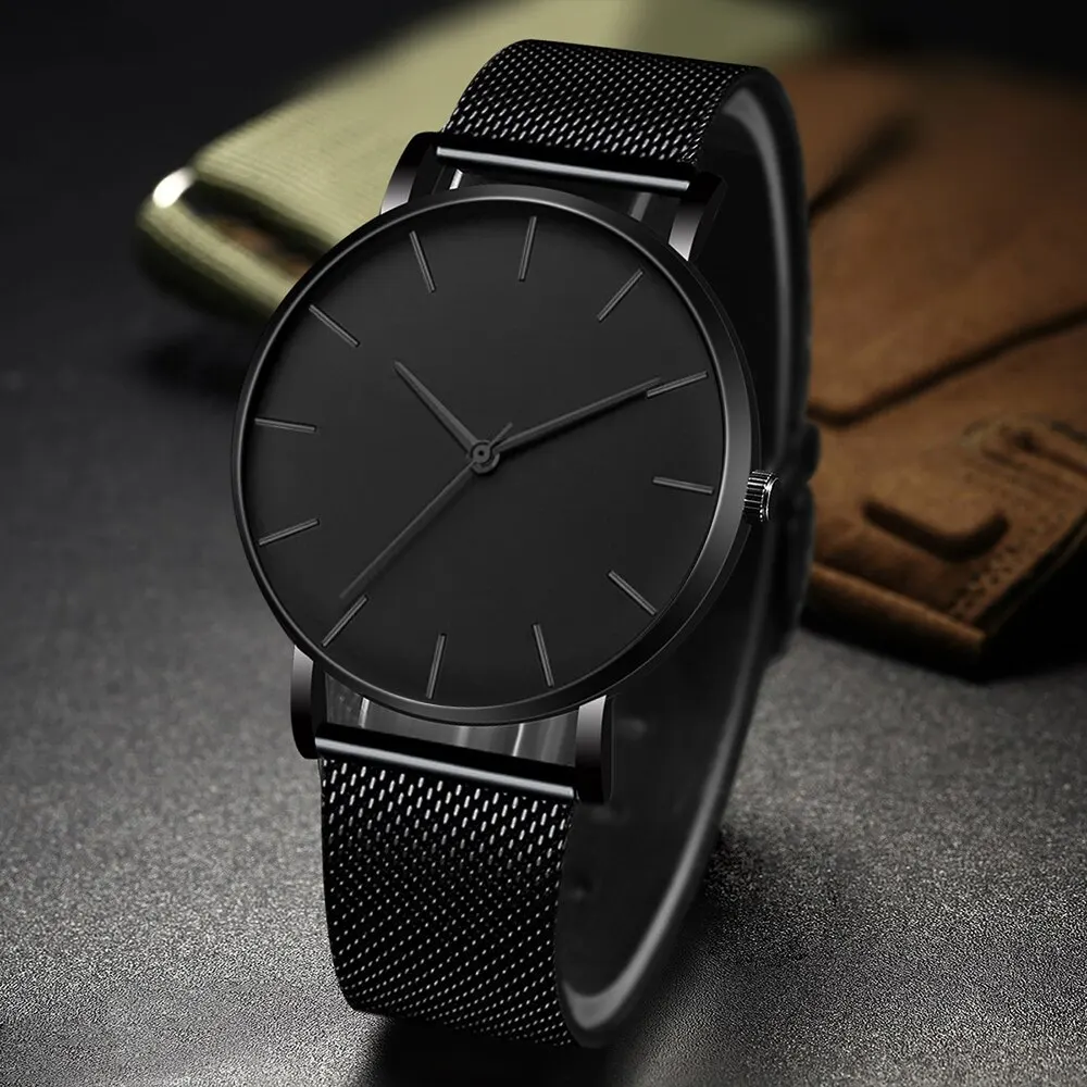 4pcs/set, Minimalist Men Fashion Ultra Thin Watches & Triangle Spearhead Necklace Set, Stainless Steel Mesh Belt Quartz Watch