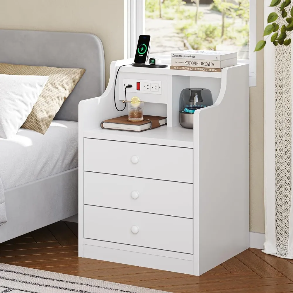 Nightstand with Charging Station,White Night Stand with Hutch,Bedside Table with Drawers,Bed Side Table with Storage