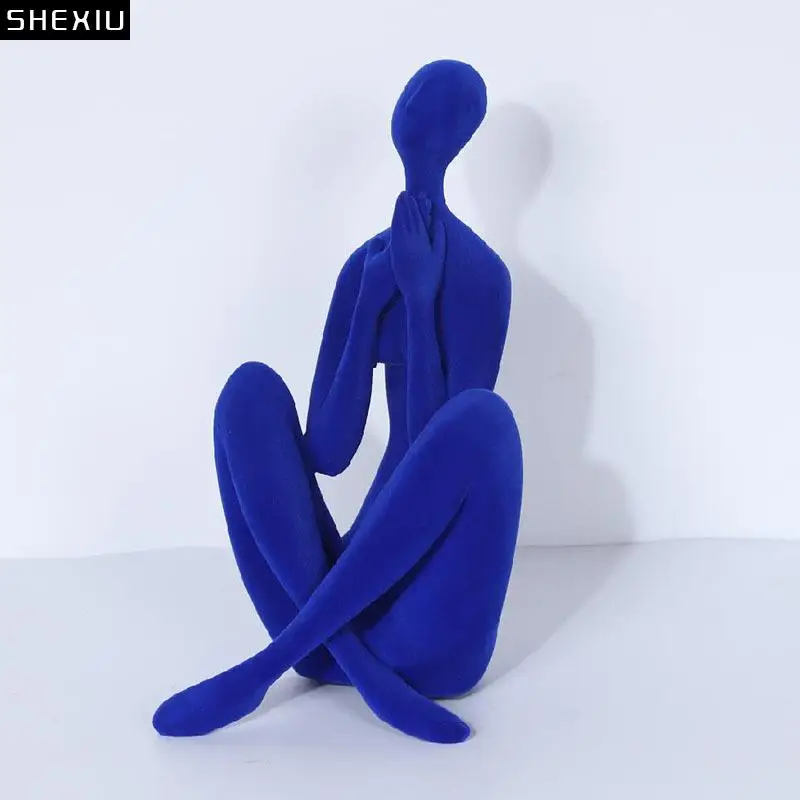 

Creative Blue Character Resins Statue Desk Decoration Ornaments Modern Decor Crafts Abstract Artwork Flocking Figure Sculpture