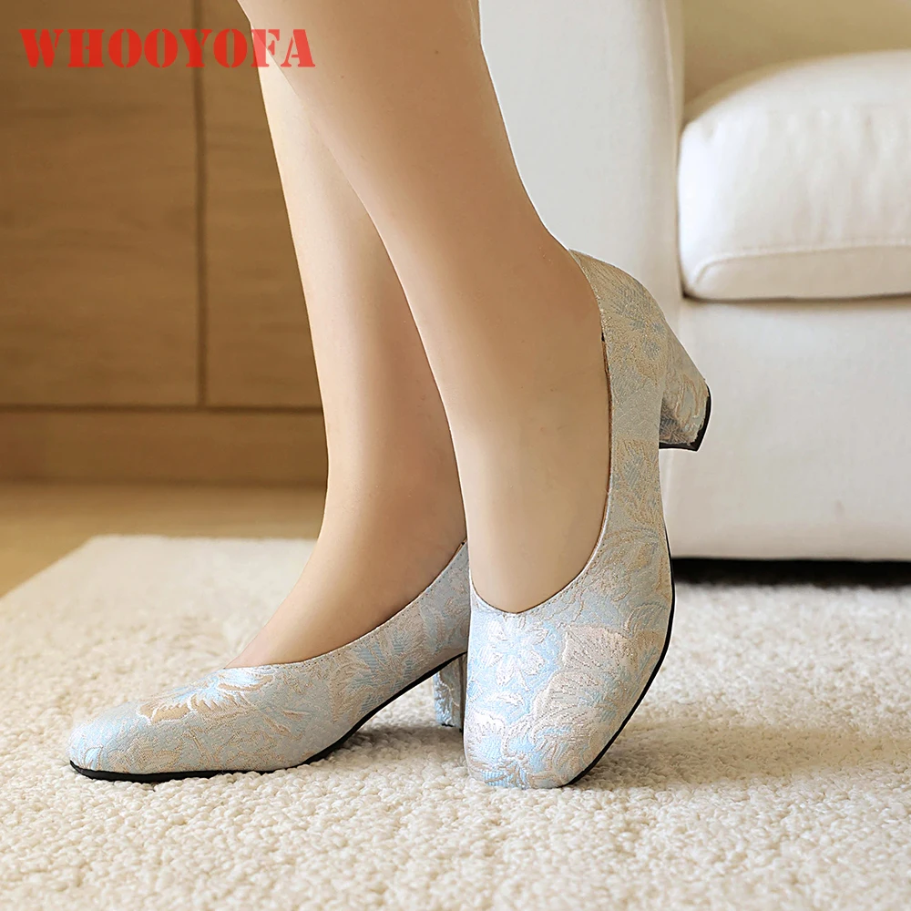 

2026 Autumn Classic Women Pumps Wide Fit 6cm High Block Heels Lady Jacquard Floral Shoes Large Plus Size 11 43 45