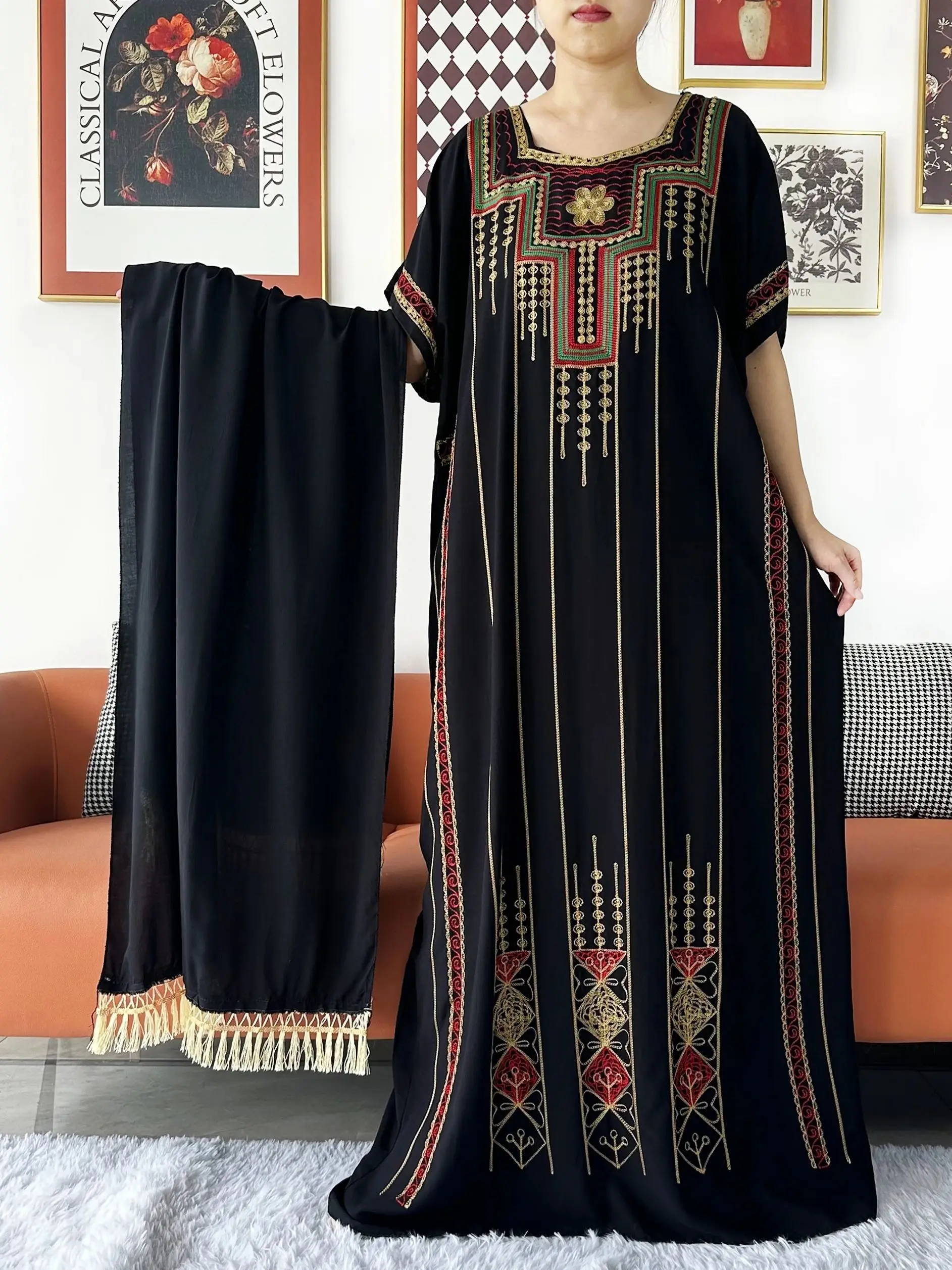 2024 New Dashiki Women Short Sleeve Floral Dress Lace Embroidered Floral Boubou Maxi Islam Women Dress African Abaya Clothes