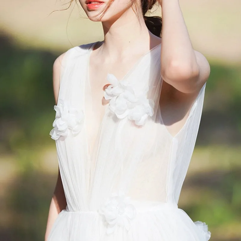 Robe de soirée de mariage pour femmes, douce et Simple, élégante, sans manches, avec des appliques, col en v, longue, robe de bal, ligne a, robes formelles blanches