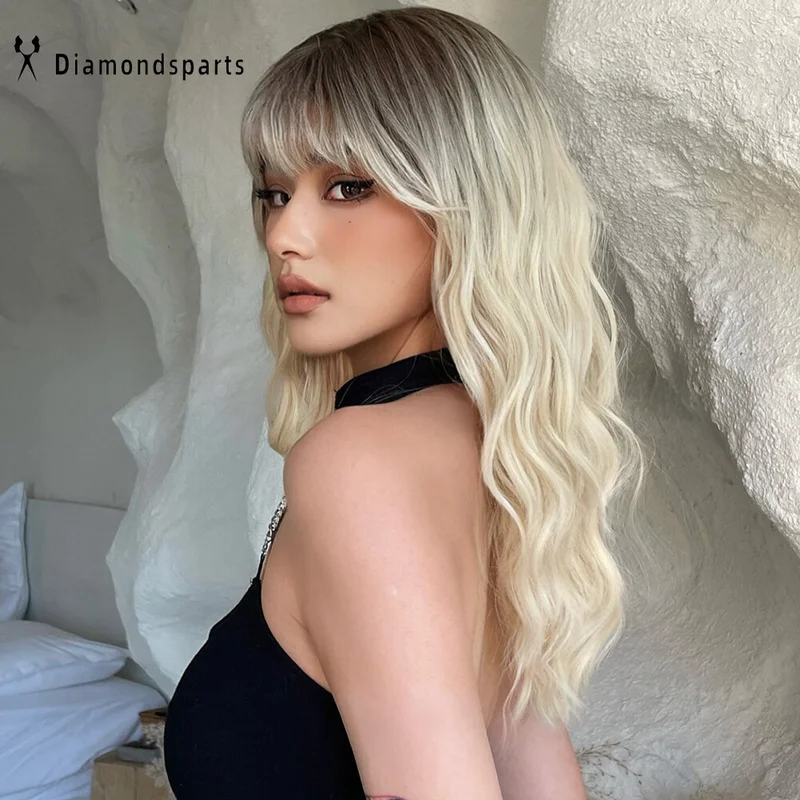 Women Long Wavy Platinum Blonde Hair Wigs with Bang Synthetic Wig Fanshion Daliy