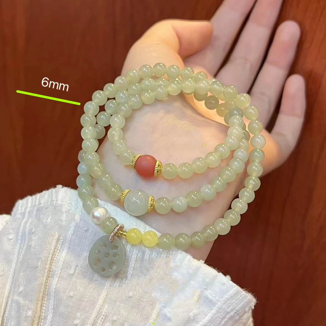 Handcrafted Natural Hetian Jade Multi-Row Bracelet  Neo-Chinese Style Agate Lotus Root Slice Pendant Bracelet For Women