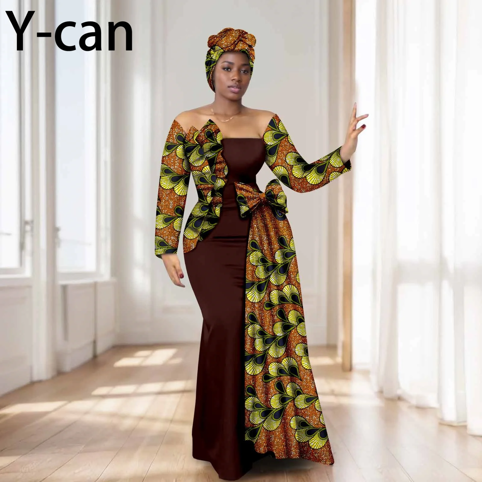 African Wedding Dresses for Women Off Shoulder Folds Patchwork Print Women Maxi Dress with Headscarf African Style 2525074