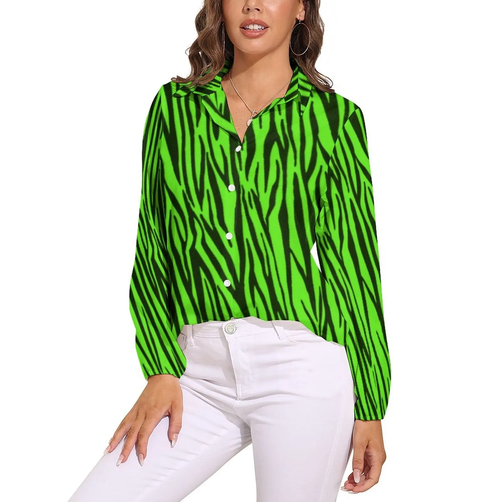 Green Zebra Stripes Blouse Woman Animal Print Casual Loose Blouses Long Sleeve Kawaii Shirts Graphic Top Big Size 2XL 3XL