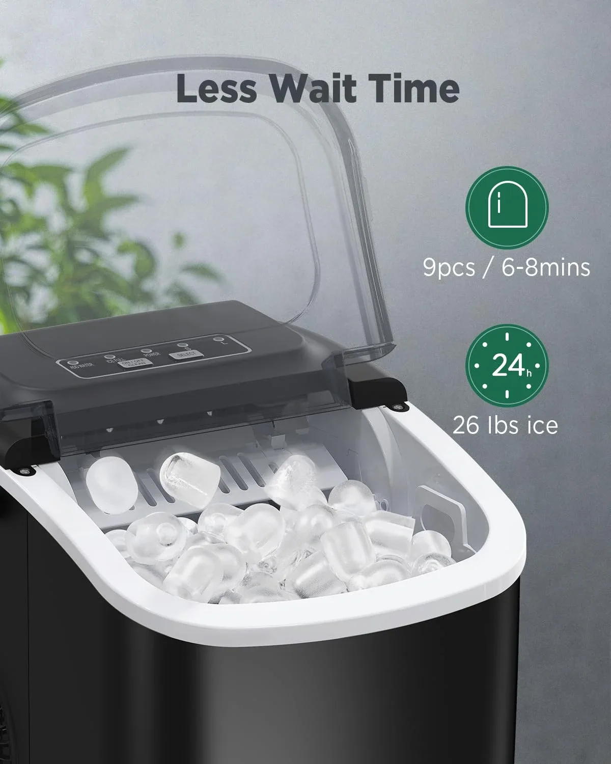 Máquina de hielo de encimera eficiente, máquina de autolimpieza, produce 9 cubos en solo 6 minutos, 26 libras de hielo en 24 horas, incluye cuchara de hielo