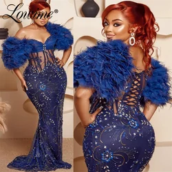 2024 Navy Blue Feathers Mermaid Aso Ebi Crystals Prom Dress Sequined Lace Floral Evening Formal Party Second Reception Dresses