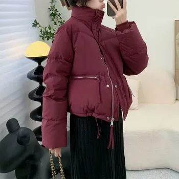 ฤดูใบไม้ร่วงฤดูหนาวใหม่ผู้หญิง Parkas เกาหลีแฟชั่น Stand Collar กระเป๋าซิปสั้น Thicken เสื้อสเวตเตอร์ถักขนมปังผ้าฝ้ายเสื้อ Tops