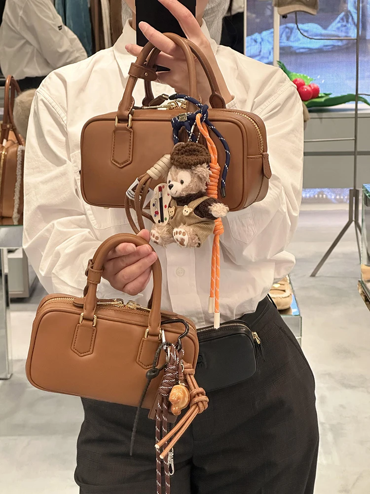 

New 2025 Women's Leather Handbag Bowling Bag Boston Briease Small Square oulder Crossbody Handbag Soft Cowhide Purse