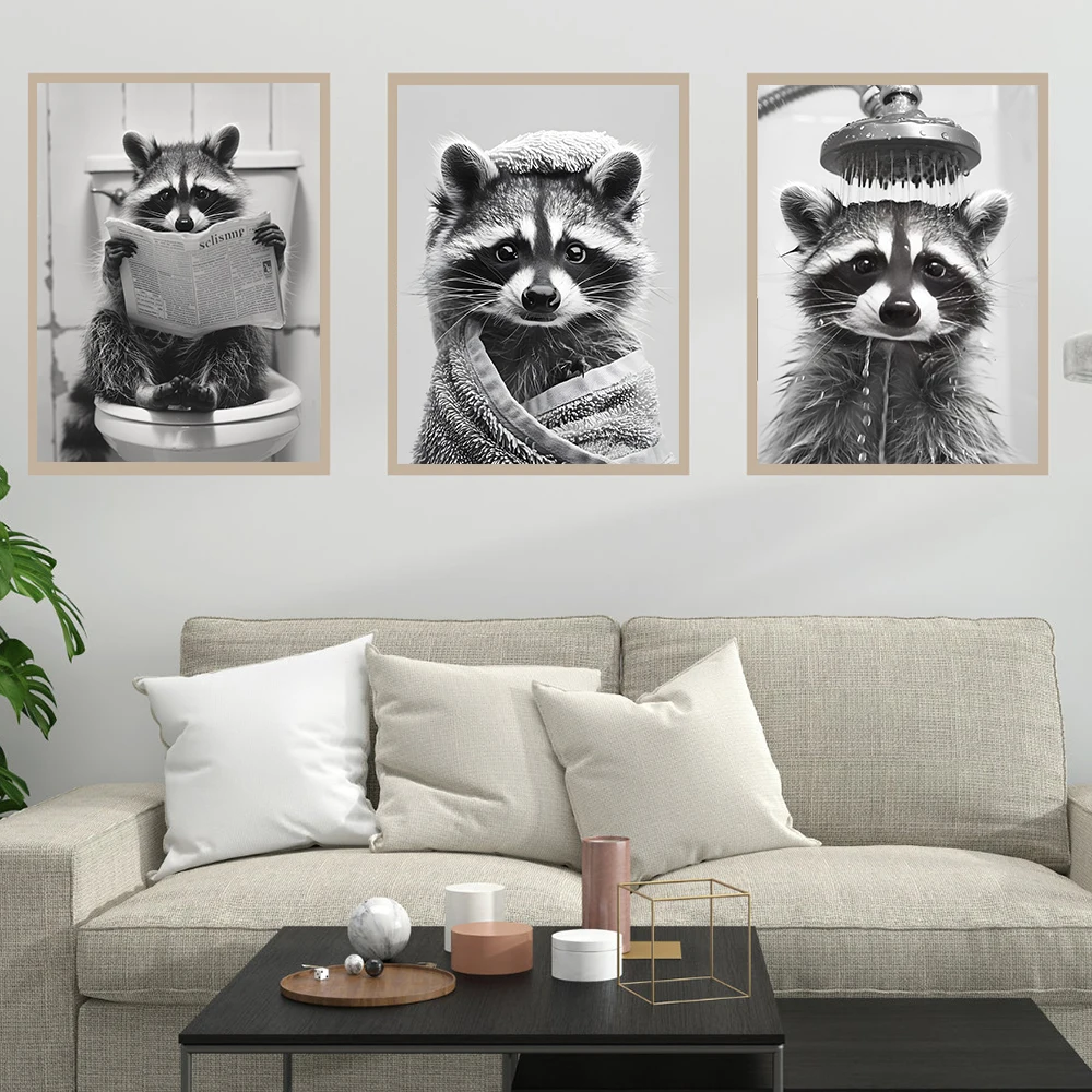 Cute Raccoon in the Toilet Posters Print Picture Funny Animal Black and White Wall Art Canvas Painting for Bathroom Home Decor