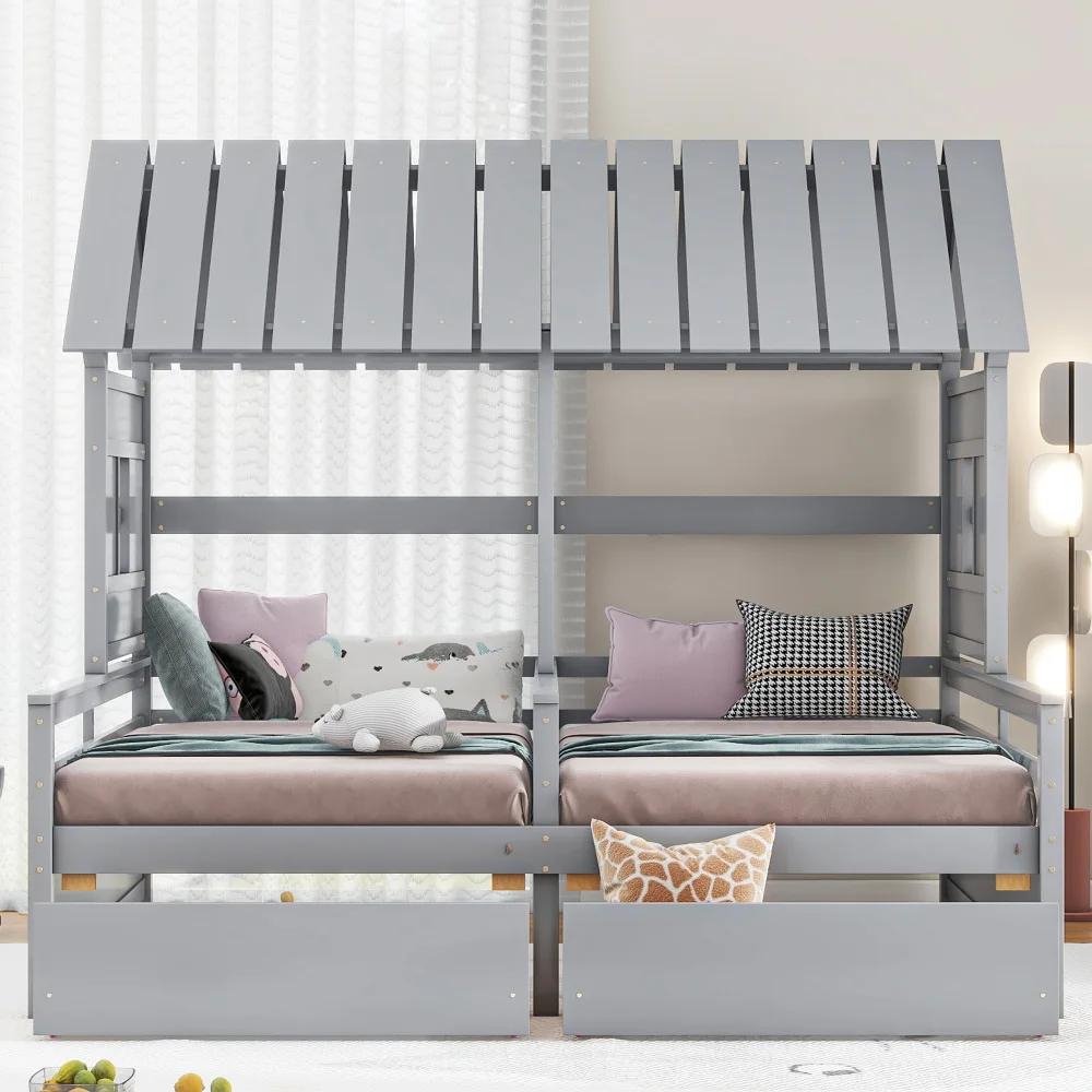 Twin Size House Platform Beds with Two Drawers for Boy and Girl Shared Beds, Combination of 2 Side By Side Twin Size Beds,White