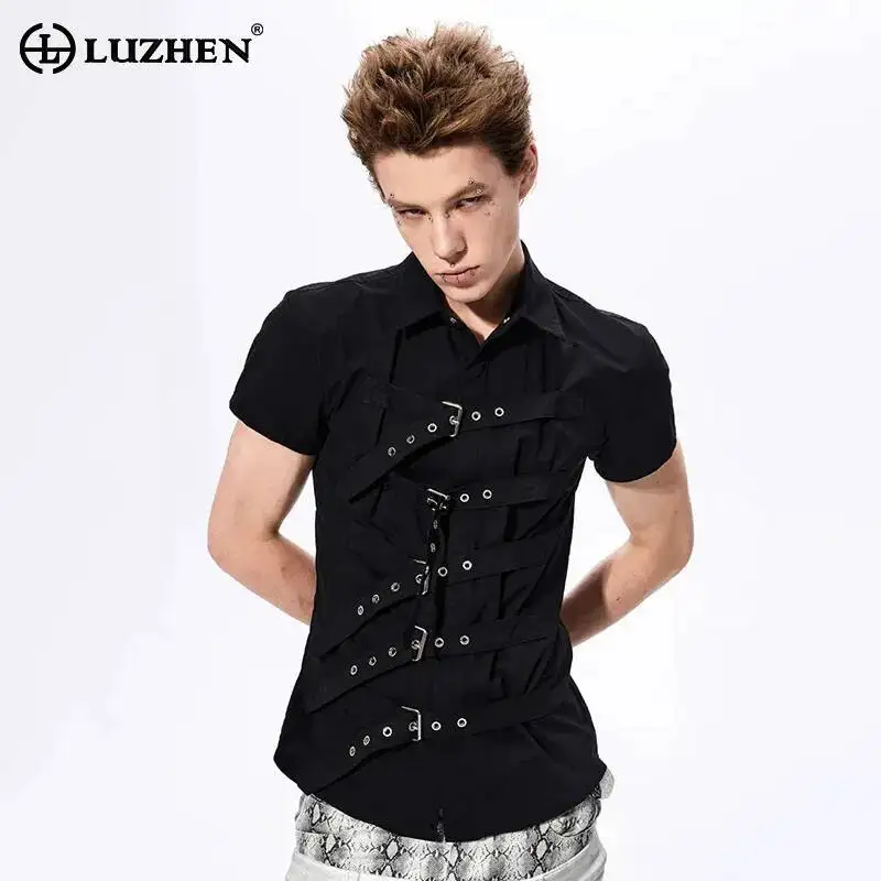 

LUZHEN 2026 Summer New Ribbon Decorate Metal Buckle Patchwork Design Short Sleeve Shirts Men's Trendy Street Women's Tops JY7217