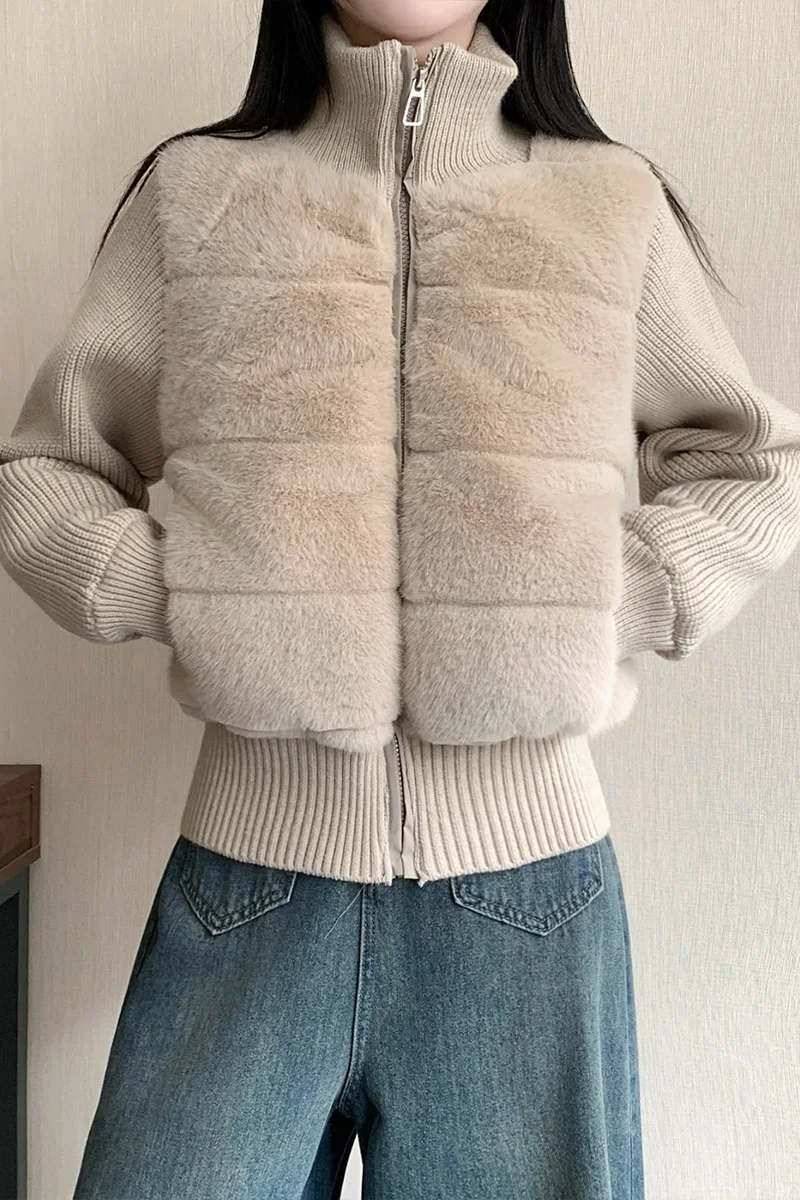 Women's 2026 Winter New Knit Spliced Cotton Coat Fashion Versatile Simple Warm Lady Outerwear