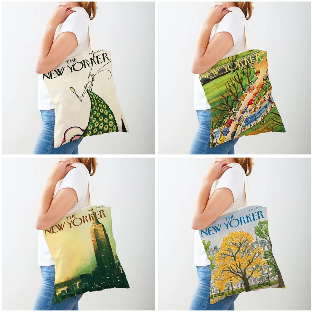 New Yorker City Magazine Women Shopping Bags Double Print Casual Shopper Bag Vintage Lady Canvas Tote Leaf Flower Handbag