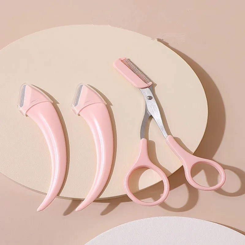 مجموعة تشكيل الحواجب من الفولاذ المقاوم للصدأ 2 في 1، ماكينة حلاقة ومقص آمنة مضادة للخدش مع مشط قابل للفصل، مجموعة أدوات العناية الدقيقة المحمولة