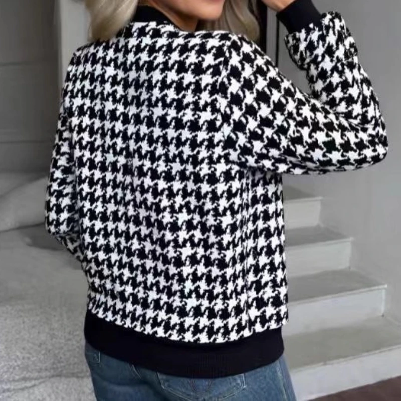 2025 خريف موضة جديدة سستة houndstooth سترة فضفاضة ضئيلة معطف فوقي غير رسمي للنساء