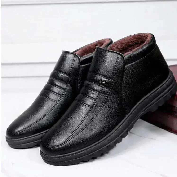 Zapatos de cuero informales impermeables para hombre, Zapatillas altas sin cordones de franela, zapatos cálidos de goma para invierno