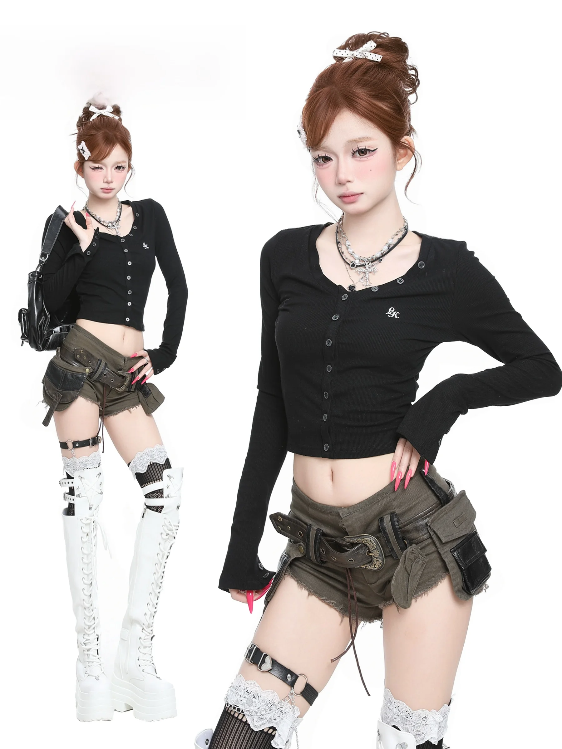 

Basterds Pure Desire Sle V-Ne Open Cardigan Long Sve ort Length Slim Fit Women's T-irt Spring Season Spicy Girl Ba...