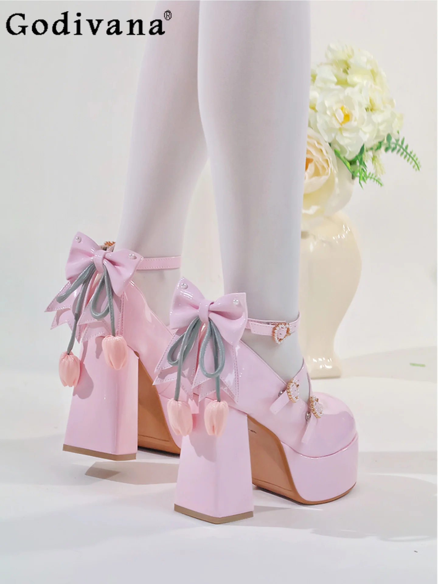 

2025 New Japanese Style Original Lolita High Heels Round Toe Chunky Heel Bow Elegant Lady Mary Jane Shoes