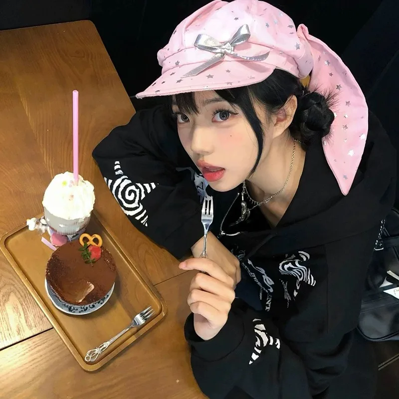 Korean Removable Rabbit Ear Beret Trend Spring and Summer Y2K Star Print Cute Large Version Octagonal Newsboy Cap for Women