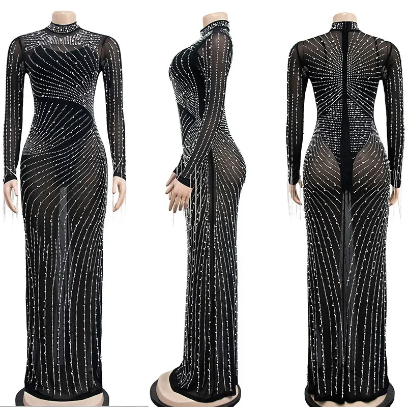 Vestidos de Noche de celebridades con diamantes de imitación brillantes para mujer, vestido Maxi ajustado transparente de malla de manga larga con borlas de diamantes para club nocturno de lujo