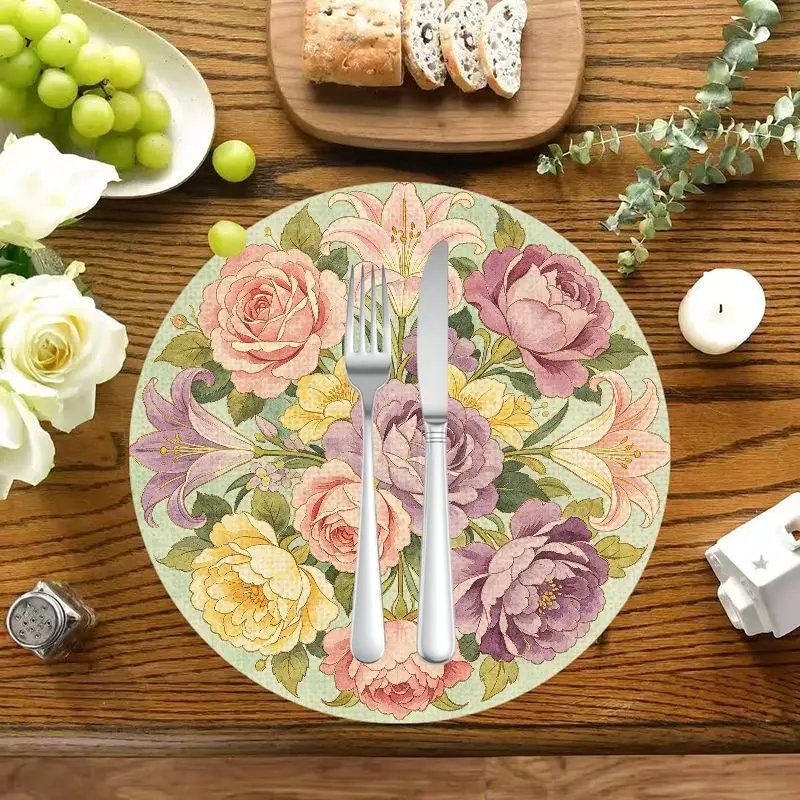 VIKAMA Rose Lily Bouquet Linen Round Placemats Set of 6, Non-Slip Washable Heat Resistant Kitchen Table Mats
