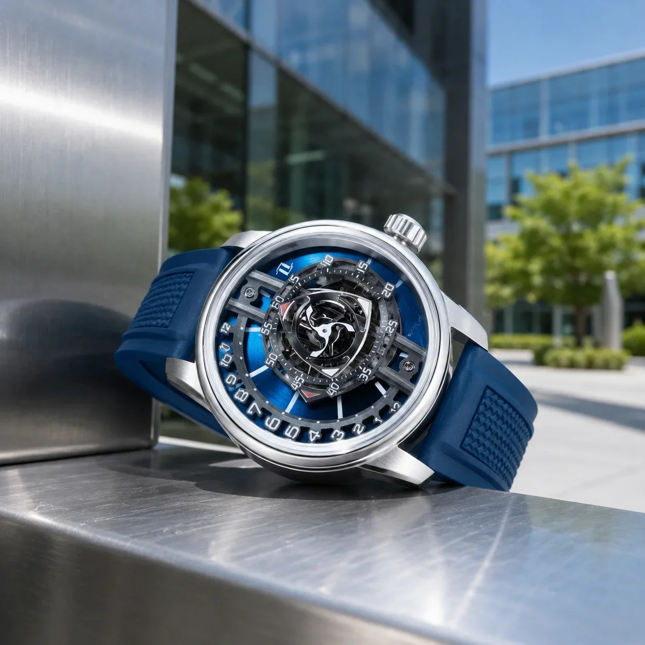 OBLVLO Men's Racing-Style Forged Carbon Automatic Watch with Creative Rotor Design Blue Rubber Strap Water-Resistant