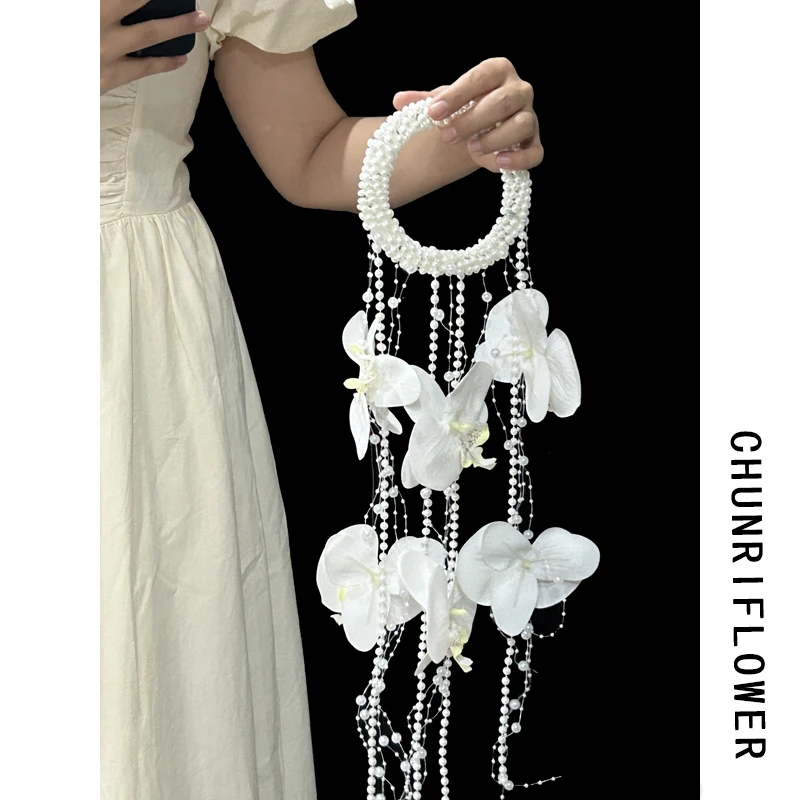 

Vintage Phalaenopsis Pearl Waterfall Hand Carry Flower Bride Hand Bouquet Wedding Photo Accessories Hand Carry Flower