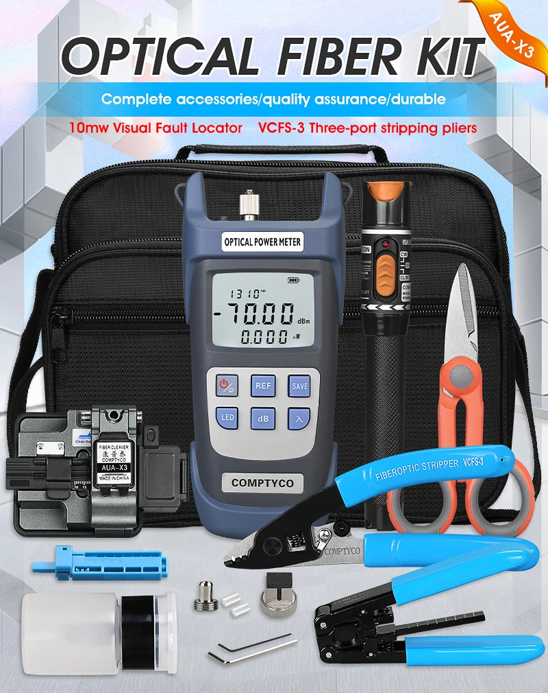 

FTTH Fiber Optic Tool Kit with Fibra Optica Power Meter and 10mW Visual Fault Locator AUA-X3 Gun Grey