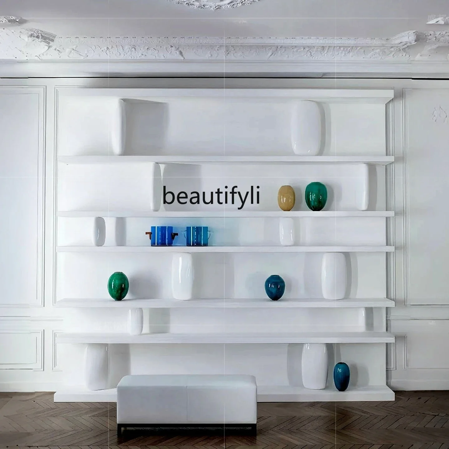 X Solid wood bookshelf floor-to-ceiling against the wall Modern light luxury high-end art villa Multi-layer storage shelf