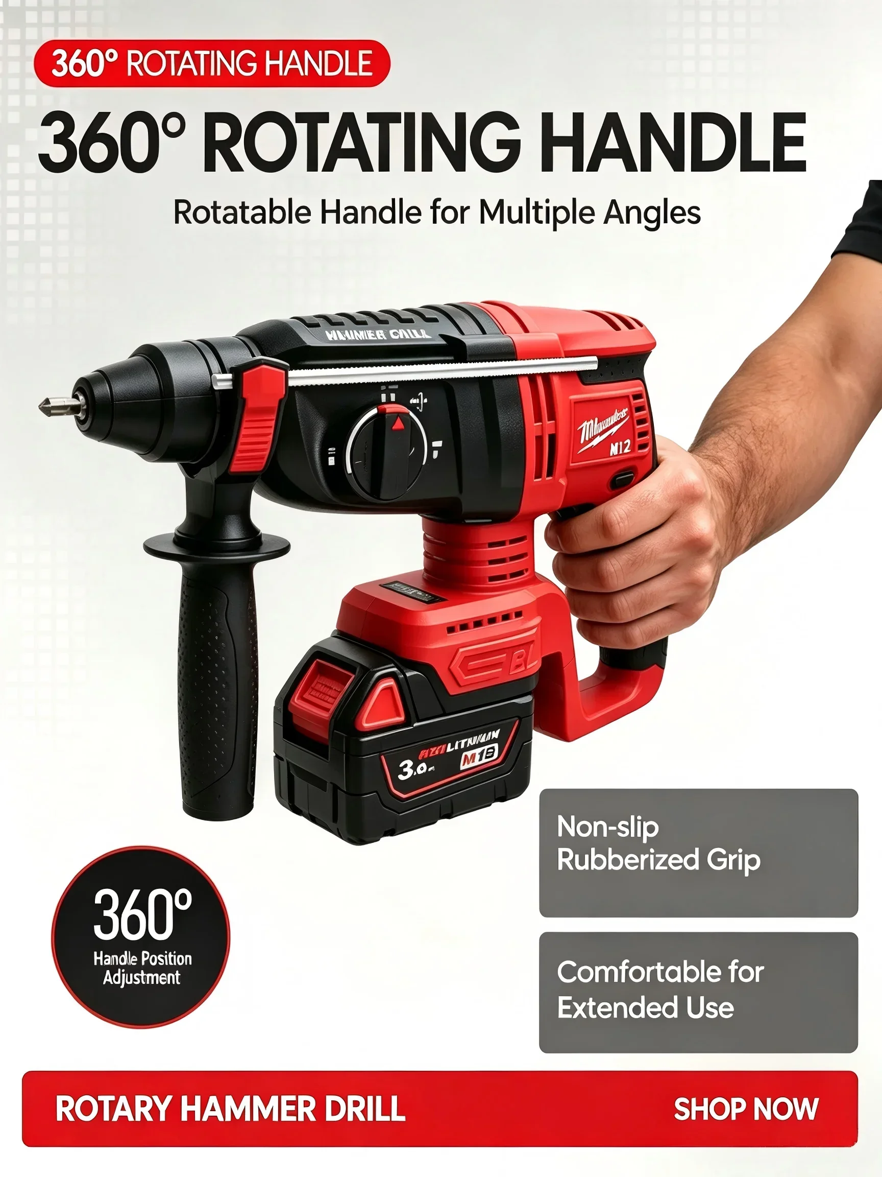 MilwaukeeM12 Cordless Rotary Hammer Drill 18V Brushless, 1500W 26mm SDS-Plus 3-in-1 Hammer Drill for Concrete Wood Metal