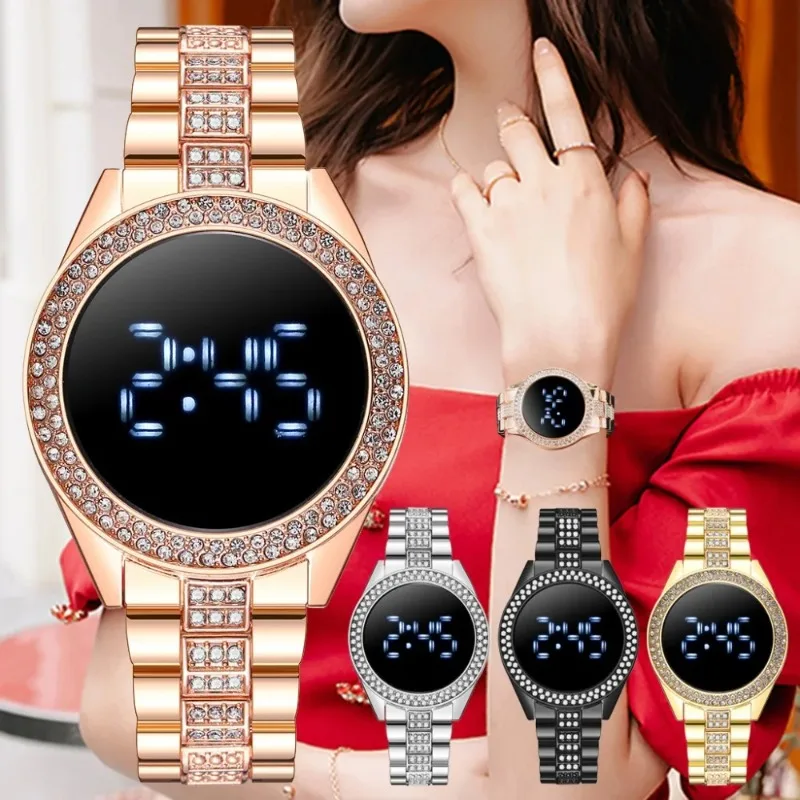 2024 Digital Watches with Large Screen for Women Luxury Rose Gold Stainless Steel Diamond-set Dial Magnet Dress LED Quartz Watch