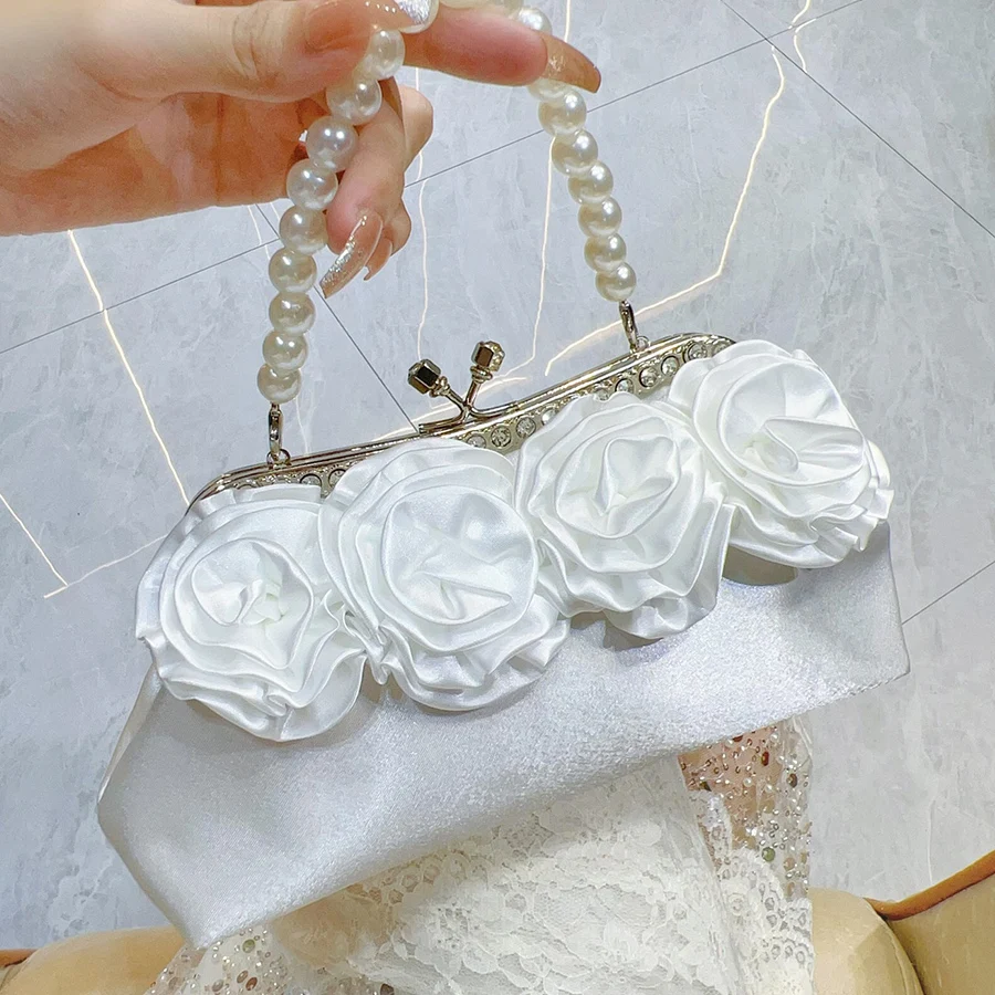 

Белый цветочный женский кошелек на клипсе, роскошная вечерняя сумка с жемчужной цепочкой, клатч для банкета, свадьбы, вечеринки, женская сумка на плечо Bolsa