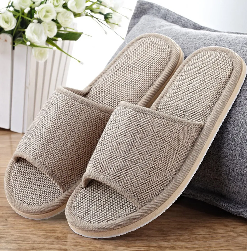 5pcs Home Slippers Women\'S And Men\'S Shoes Couples Plain Home Linen Slippers Indoor Flat Shoes Sandals Guest Slippers