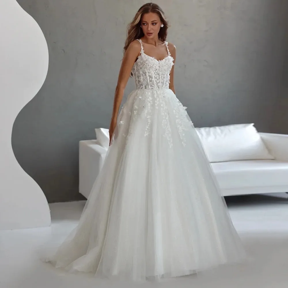 Vestido De Novia romántico De tul con perlas y flores, tirantes finos personalizados, cuello en V, línea A, Vestidos De Novia