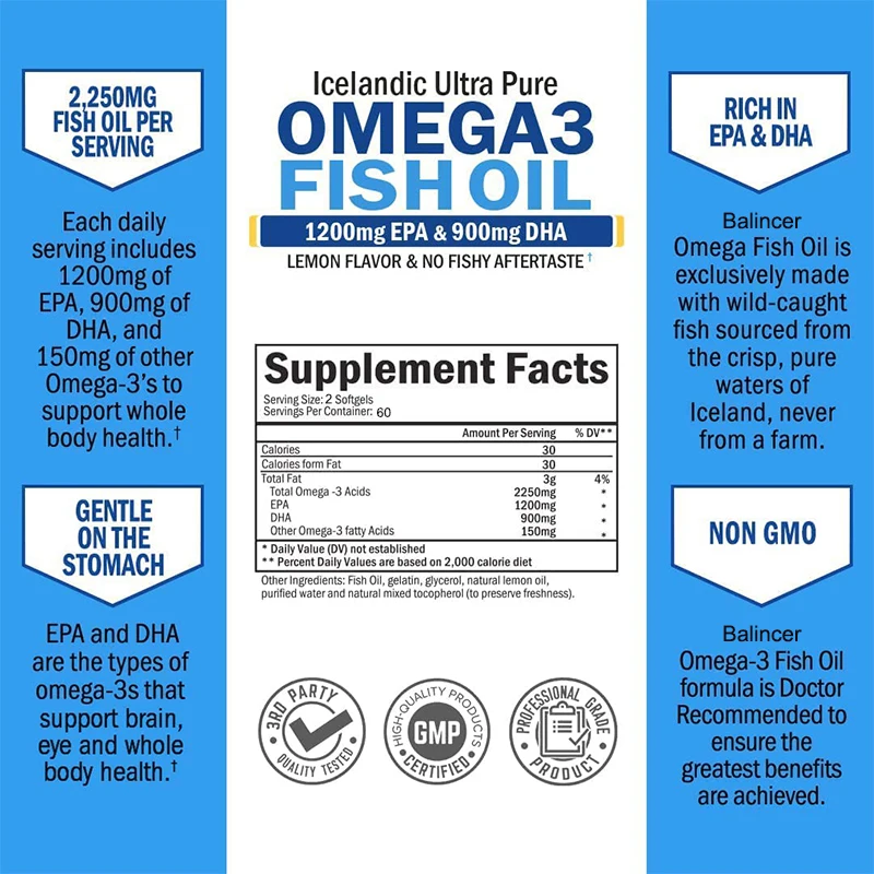 Fish Oil Supplement - DHA Fatty Acid - Supports Healthy Heart, Brain Health, Eye Health, Improves Immune, Gluten Free